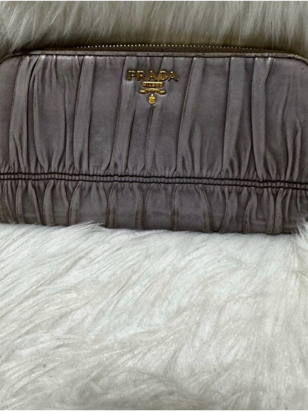 Prada Ruched Leather Clutch in Gray with Gold Logo